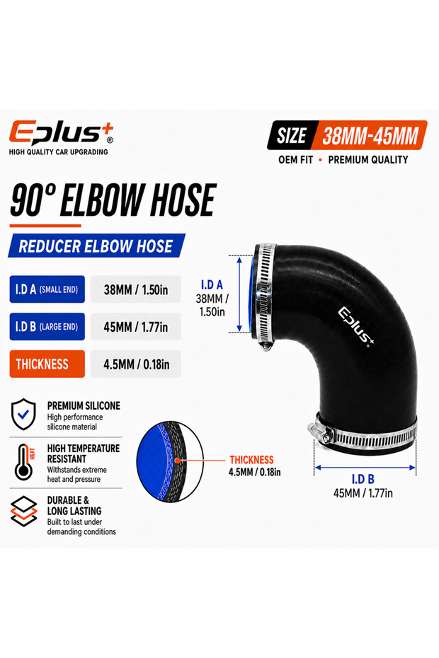 38MM-45MM Black Silicone Tubing 90 Degrees Reducer Hose Coupler Universal Car Intake Intercooler Tur
