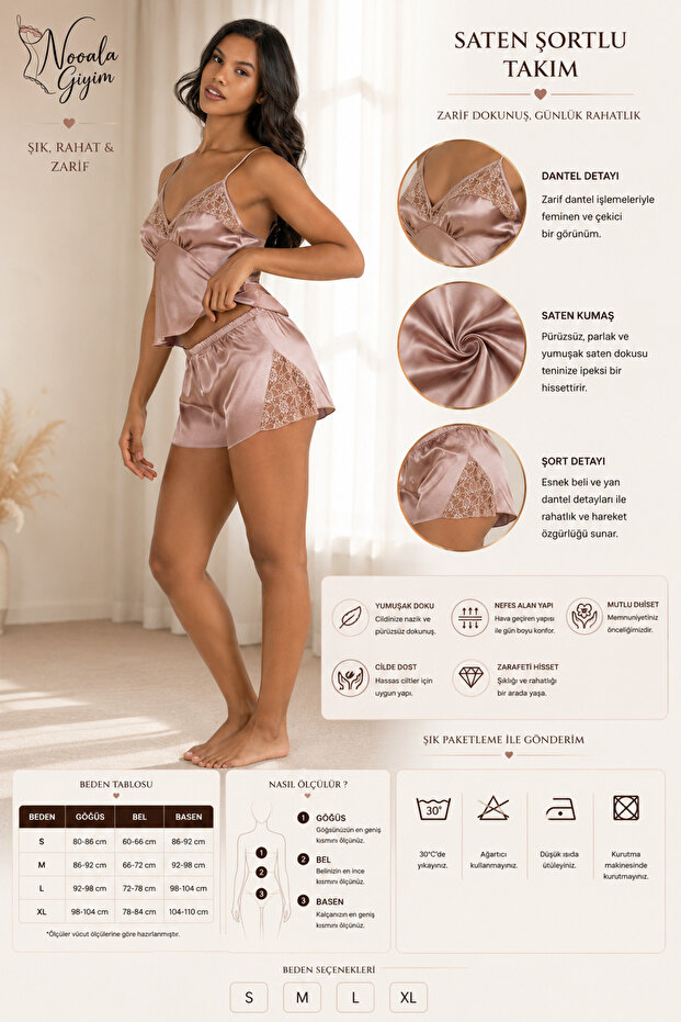 Elegant Lace Detailed Silky Satin Shorts Set