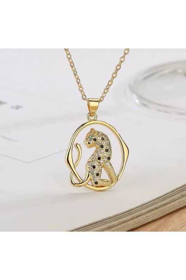 Zircon Stone Panther Figured Women's Necklace – Gold Color Stainless Steel, 55 cm Power and Nobility Themed
