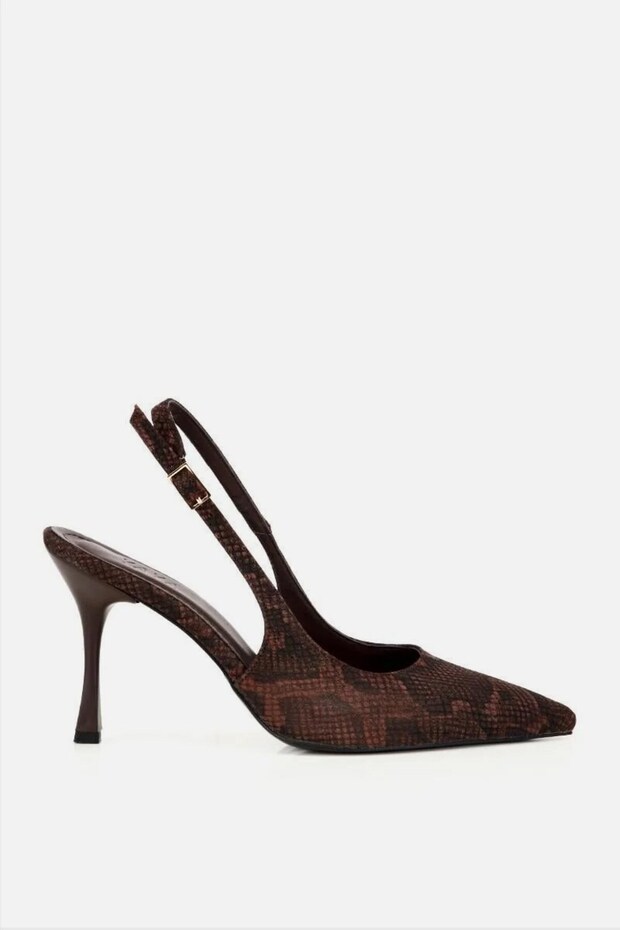 Women's Brown Patterned Pointed Toe Open Back Stiletto Heel U Shoes