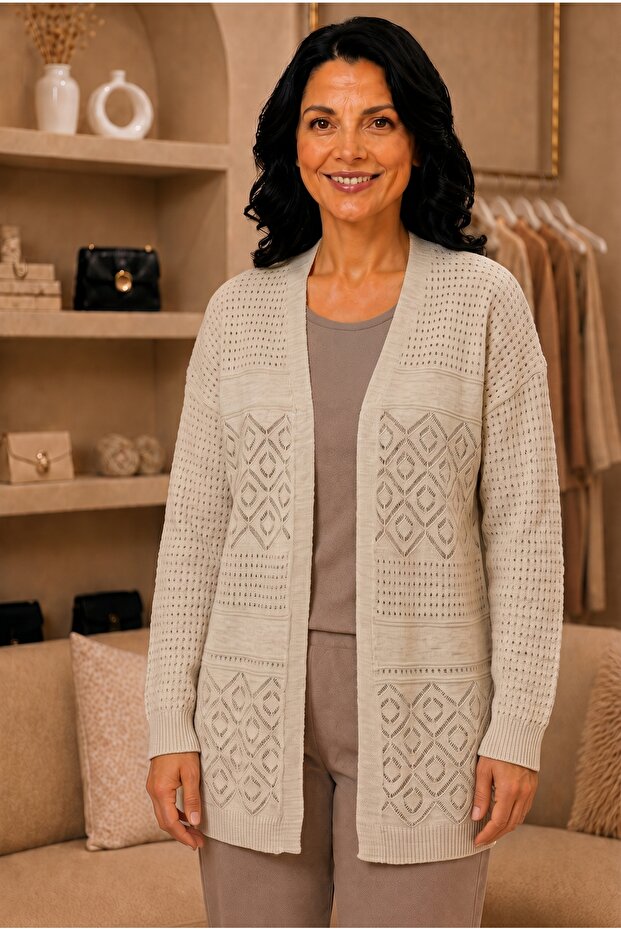 Women's Openwork Knitted Patterned Long Sleeve Knitwear Cardigan (Size 80 Width 56)