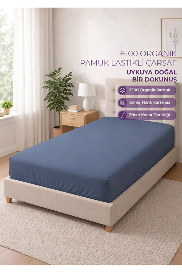 100% Organic Cotton Fitted Sheet - 100X200 - Indigo - Dolmabahçe Series