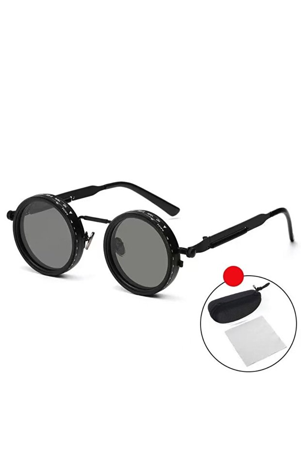 Black with Case Punk ND9 Anti-UV Sunglasses Round Retro Adjustable Dimming Sunglasses with Glasse Ca