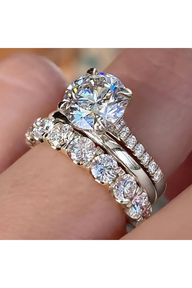 6 A027 Huitan Gorgeous 3Pcs Set of Rings Female Luxury Shiny Round Zirconia Finger Jewelry Fashion G