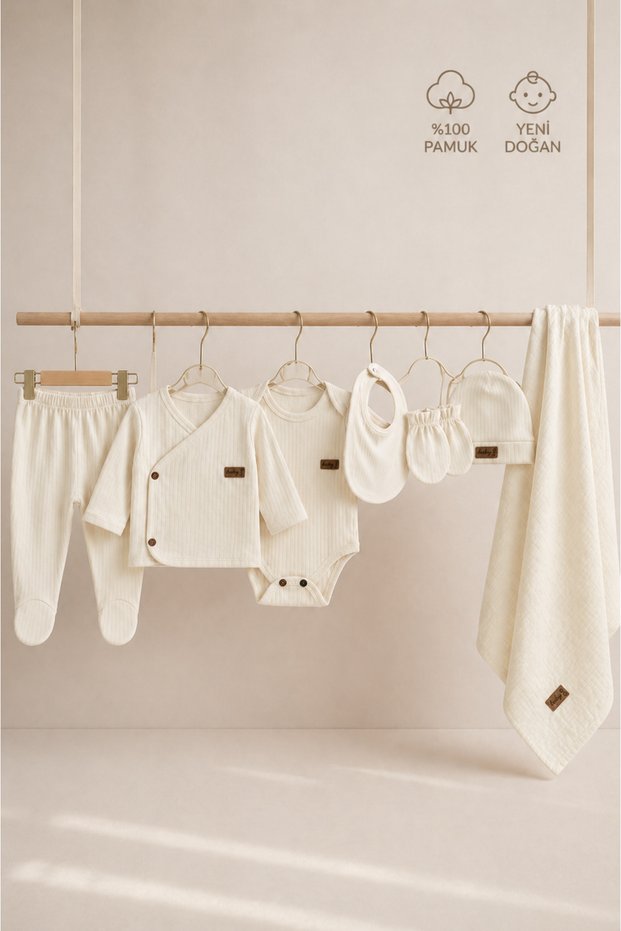 Newborn 100% Cotton 7-Piece Hospital Discharge Set Ribbed Soft Textured Baby Set Organic