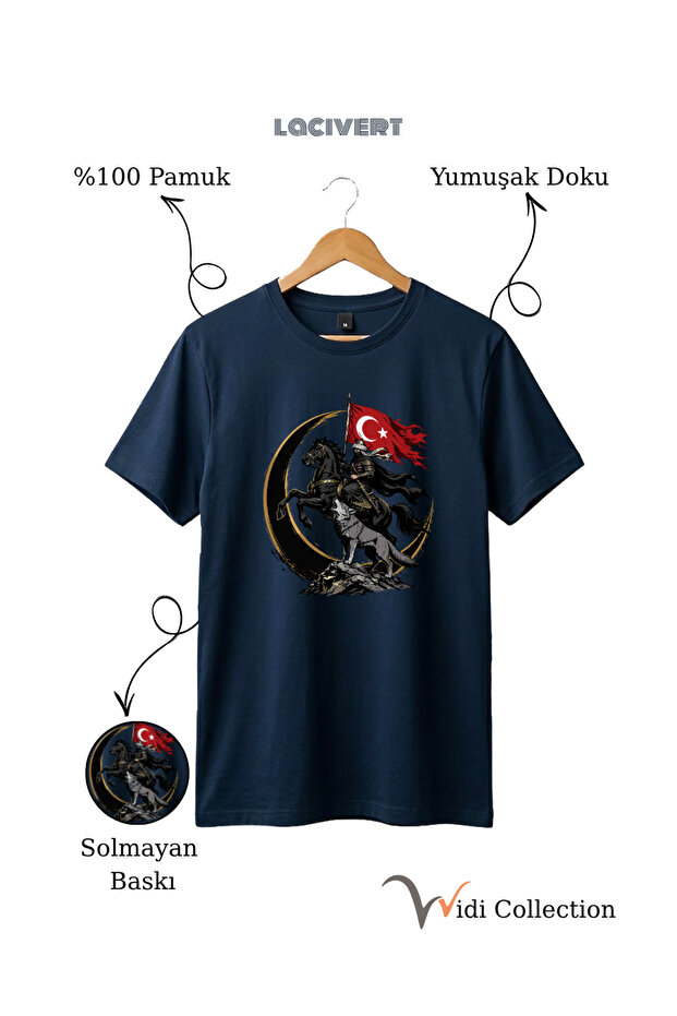 100% Cotton Regular Fit Unisex T-Shirt with Turkish Flag, Horse Warrior, Bozkurt and Wolf Figures