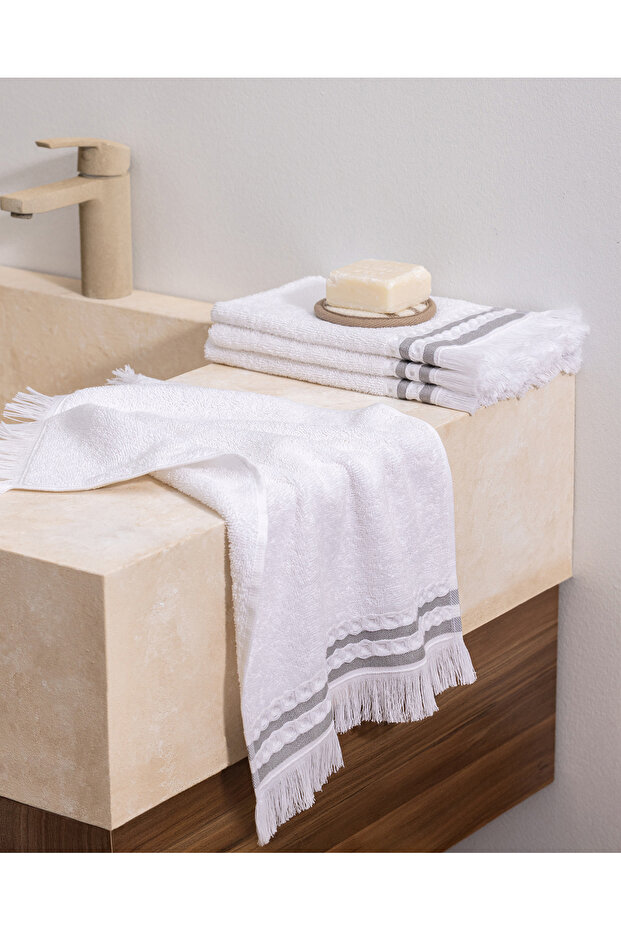 فوط يد قطنية من الفيلور - 4 قطع - أبيض/رمادي