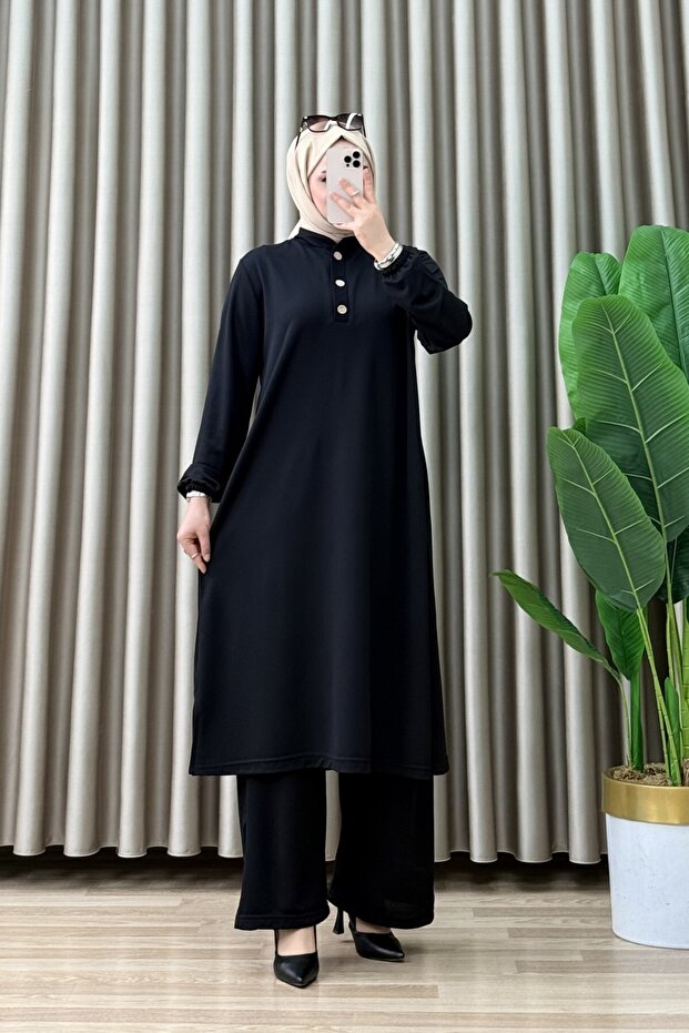 Nermin Pant Suit Asel Fabric Women's Black Collar Buttoned Pants Hijab Two-Piece Suit