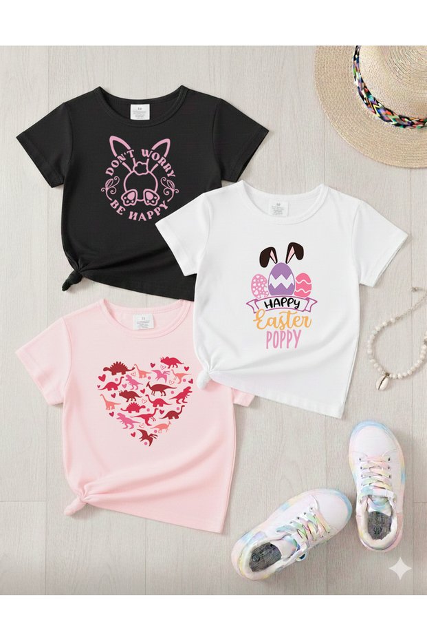 New Season 3-Piece Set Girls' T-Shirt, Multi-Color, 100% Cotton