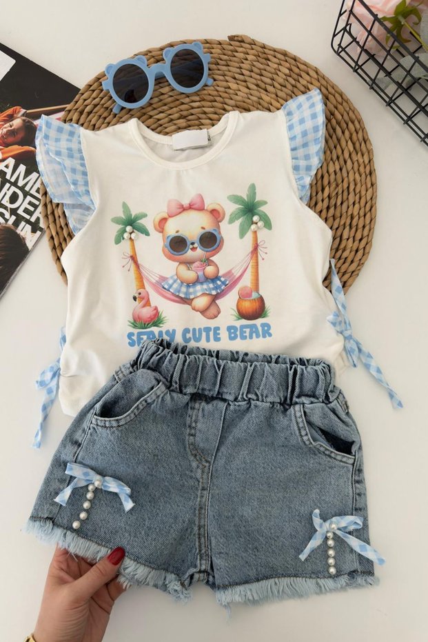 My Little One's Cute Bear Printed Girls' Glasses Gift Summer Set for Girls - Blue