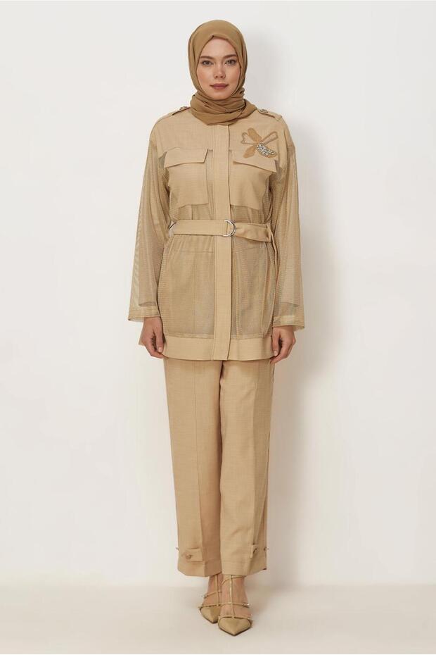 Belted Fishnet Detail Pants Suit 46301