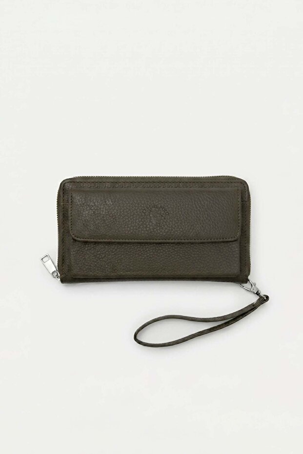 Men's Zippered Portfolio Long Wallet Khaki Green
