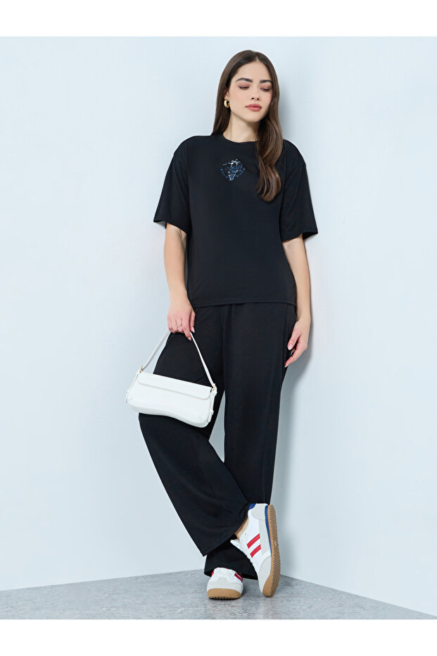 Black Printed T-Shirt and Wide Leg Pants Co-Ords