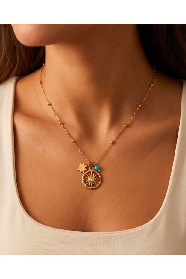 Elunara Sun Star Blue Stone Steel Necklace
