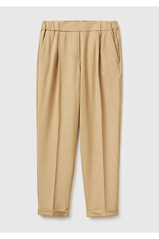Women's Tan Viscose Blended Pants with Gathered Sides and Back and Curled Cuffs