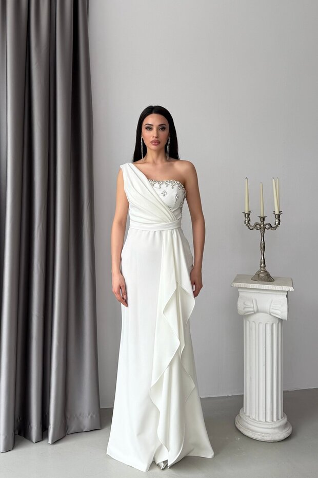 White One-Shoulder Stone Embellished Flounce Evening Dress