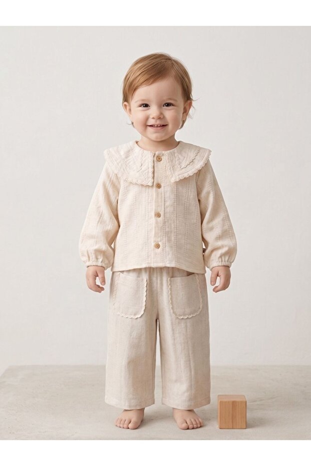 Baby Collar Embroidered Natural Textured Stylish Children's Top and Bottom Set