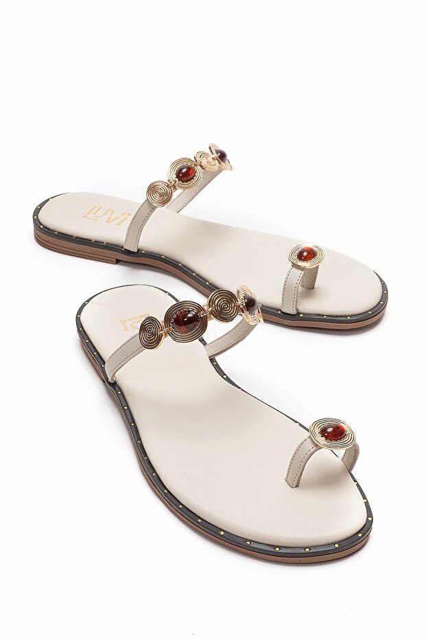 Martinez Cream Buckle Genuine Leather Women's Flip Flops