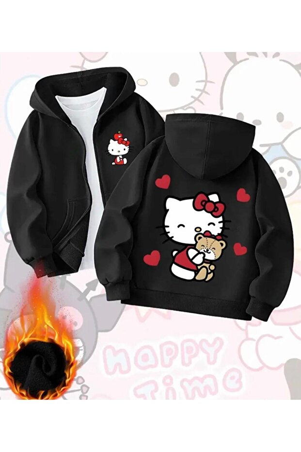 NIGRUM PARDUS HAPPY TIME BASKILI KAPÜŞONLU FERMUARLI 2 İPLİK ŞARDONLU KIZ ÇOCUK SWEATSHİRT