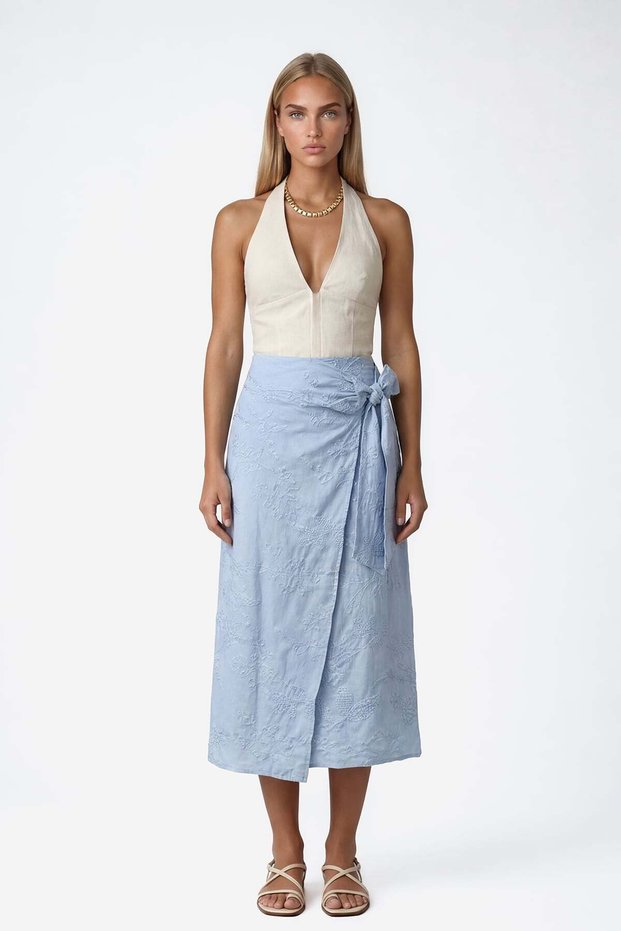 Blue Wrap Cut Lined Linen Skirt with Embroidery Detail Alc-X15510