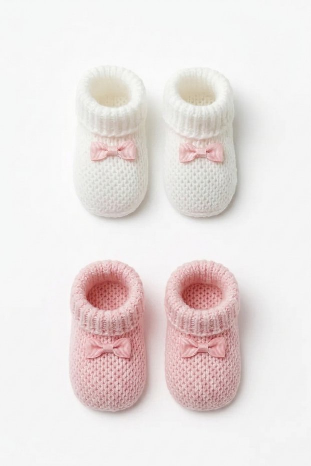 Knitwear Baby Booties Set of 2 | Bowknot Model, Knitted Knitwear | Baby Gift