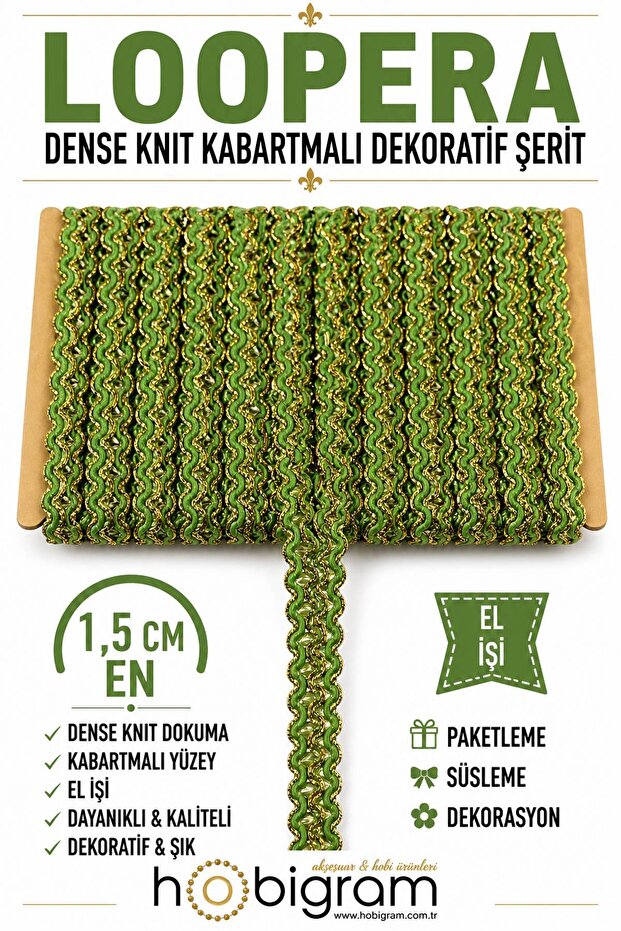 Green Gold Loopera Dense Knit Embossed Decorative Ribbon – Premium Handcrafted Ornament 5 Meters