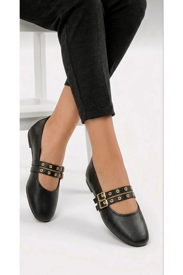Women's Gold Buckle Double Belt Studded Stylish Casual Ballerinas Black