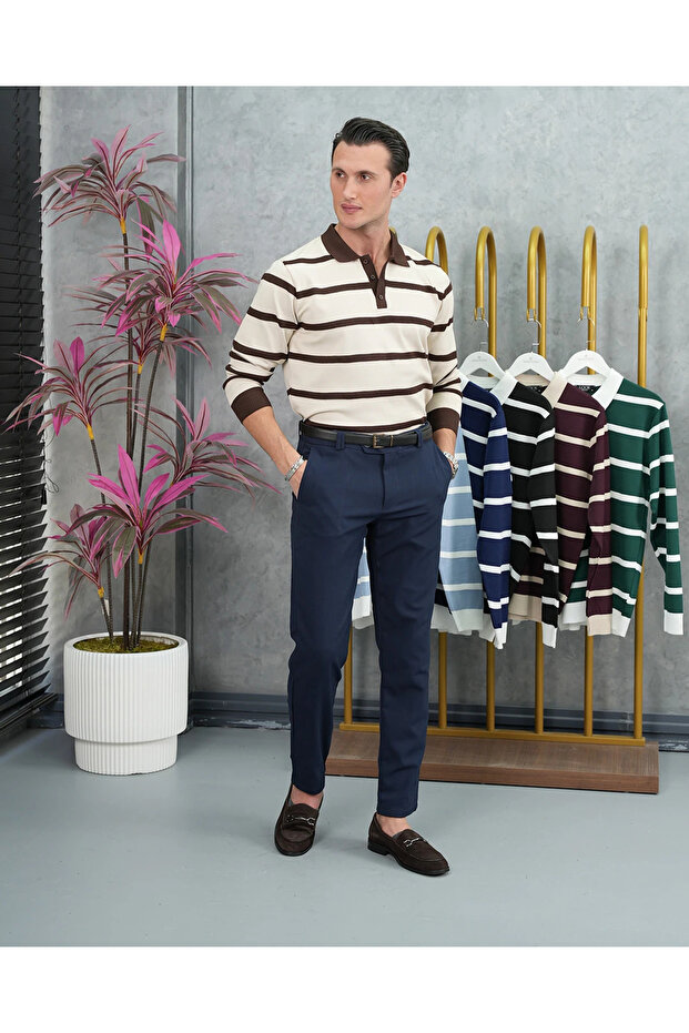 Cotton Lycra Slim Fit Knitted Horizontal Pattern Collar Stripe Detailed Polo Collar Sweater