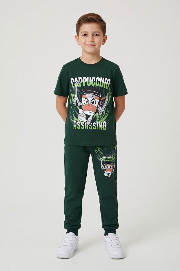 Green Character Printed Crew Neck T-Shirt and Sweatpants Set for Boys 23846
