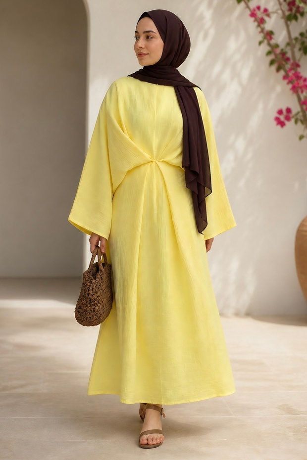 Loose Muslin Dress with Yellow Tie Detail