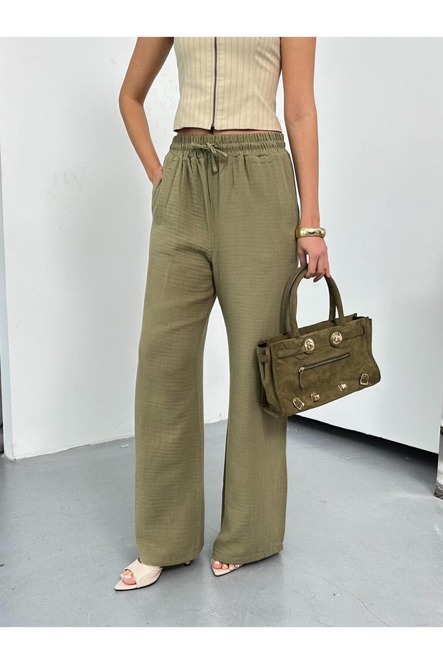 New Season Muslin Linen Fabric Full Elastic Waist Non-Sweating 100% Linen Lace-Up Loose Leg Palazzo Wide Leg Pants