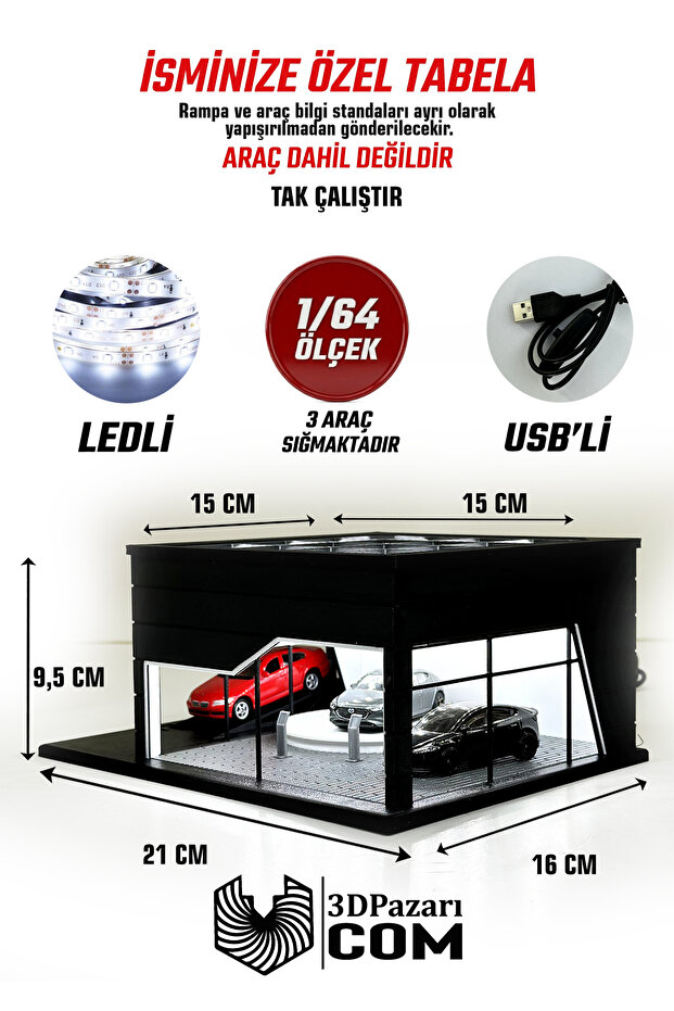 Butik 1/64 Ölçekli Siyah Renk Ledli Showroom Tasarımlı Diorama Araç Sergileme Garajı 3D Baskı