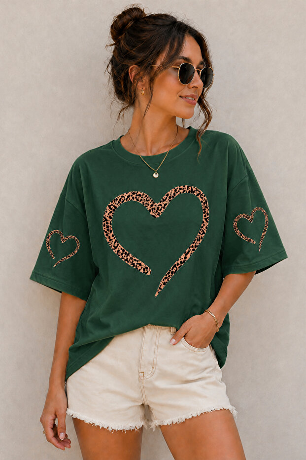 Leopard Patterned Heart Printed Unisex Oversize T-Shirt – Cotton Crew Neck Casual T-Shirt