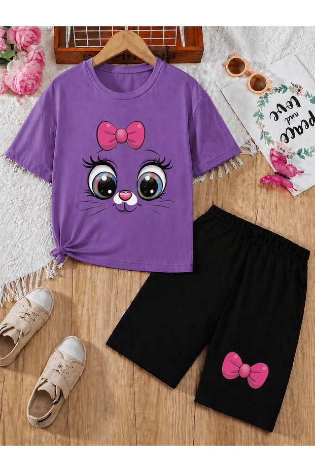 Girl's T-Shirt and Shorts Set 100% Cotton Summer Comfortable Fit Printed T-Shirt Children's Combination