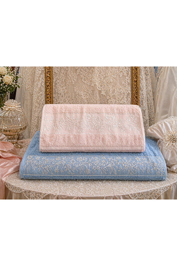 2 Pieces 100% Cotton Jacquard Hand and Face Towels 47X82 cm – Soft Textured, Highly Absorbent, Dowry & Guest Towels, Colorful Patterned Bathroom & Kitchen Towels