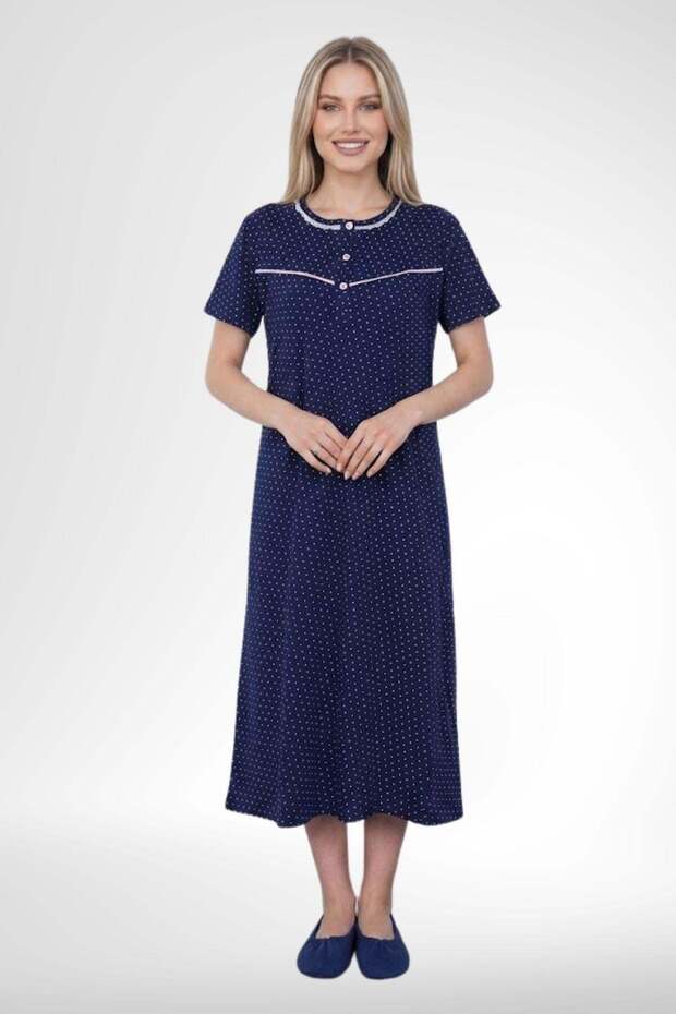 Mecit 6389 Navy Blue Large Size 100% Cotton Women's Nightgown