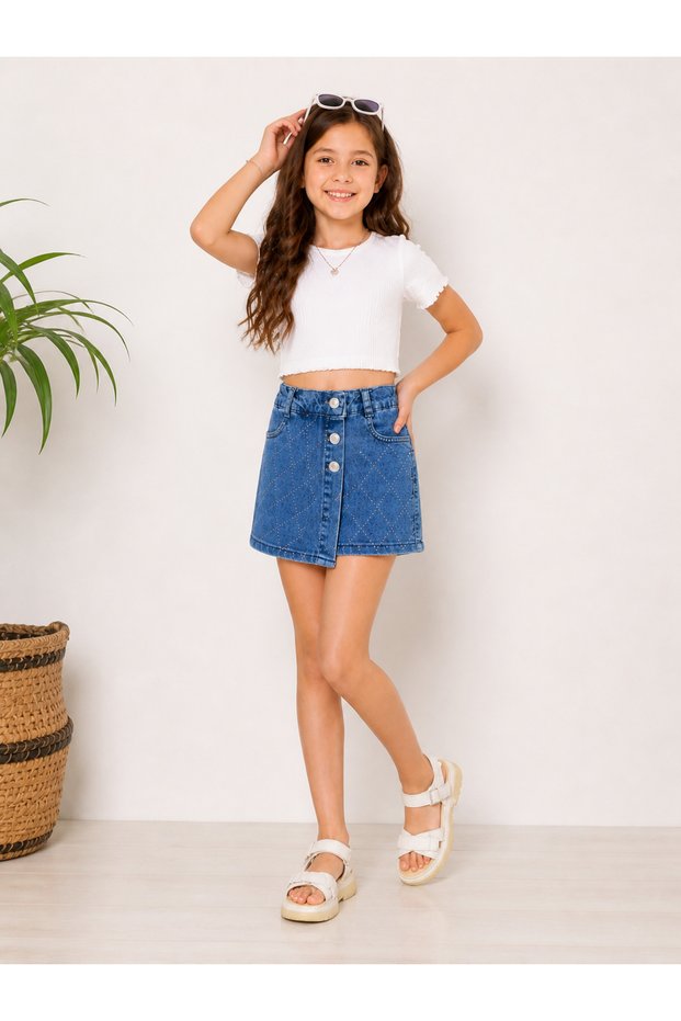 Robi̇n 32505-26 Girls' Stone Detailed Denim Shorts Skirt with Front Buttons and Elastic Back Jean Skort