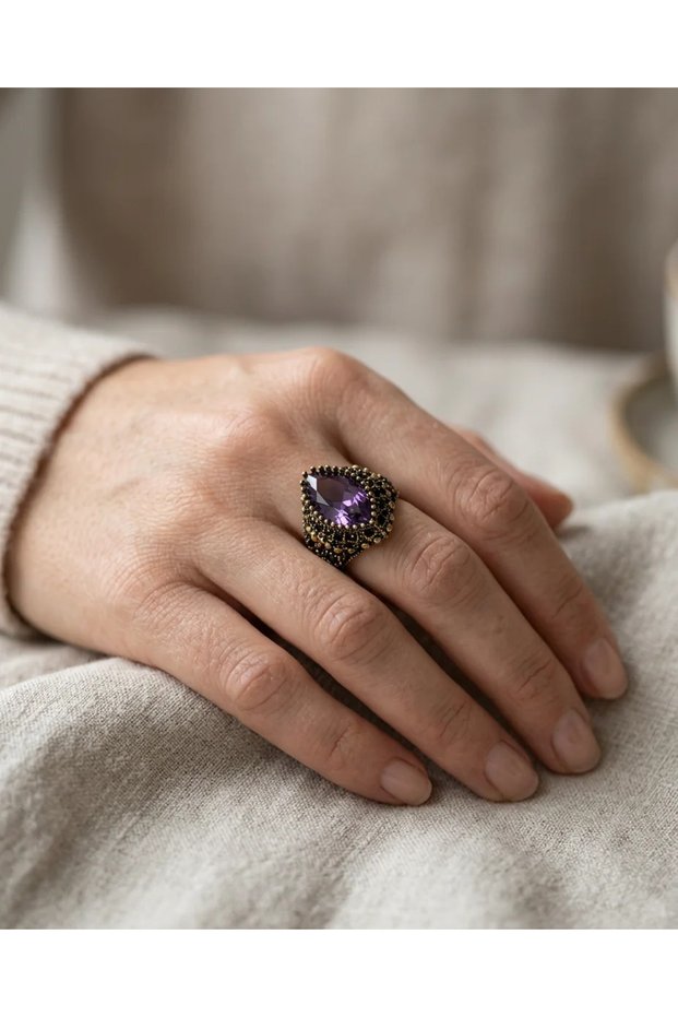 Bronze Vintage Women Ring Authentic Copper Jewelry Purple Crystal Stone Lilac Adjustable