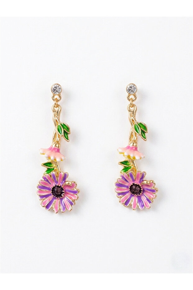 Purple and Pink Enamel Floral Branch Earrings