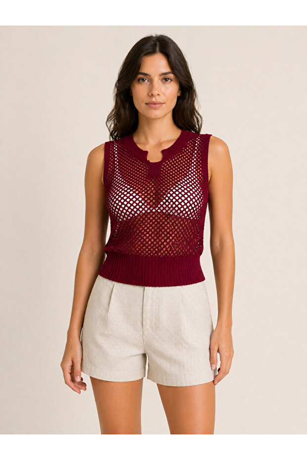 Openwork Knit Detailed Lightweight Textured Sleeveless Knitwear Undershirt