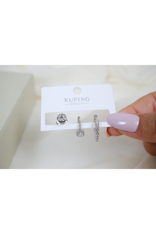 Çkp3021 Zircon Stone Single Stone and Full Circle Ring 3-Piece Silver Combination Earrings