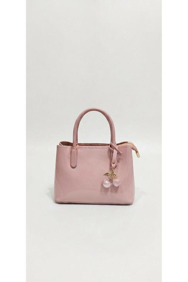 Powder Shiny Patent Leather Mini Handbag with Cherry Accessory Detail, Stylish Design 20X14X9 cm
