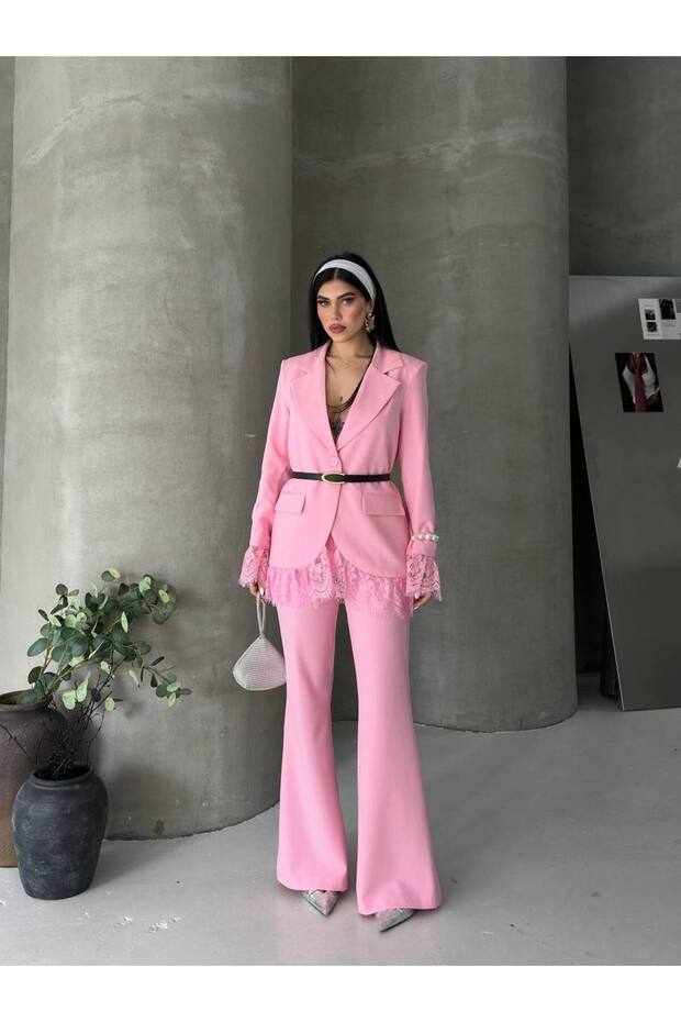 Kadın Dantel Detaylı Blazer Ceket İspanyol Paça Takım Pembe - 2