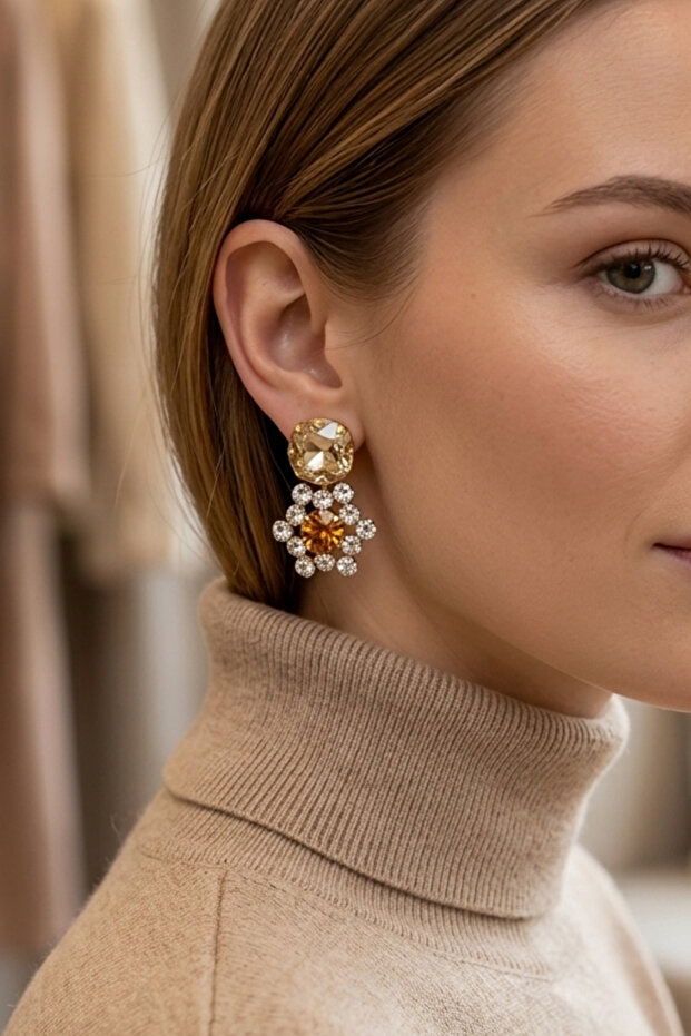 Crystal Stone Flower Earrings 3.5 Cm.