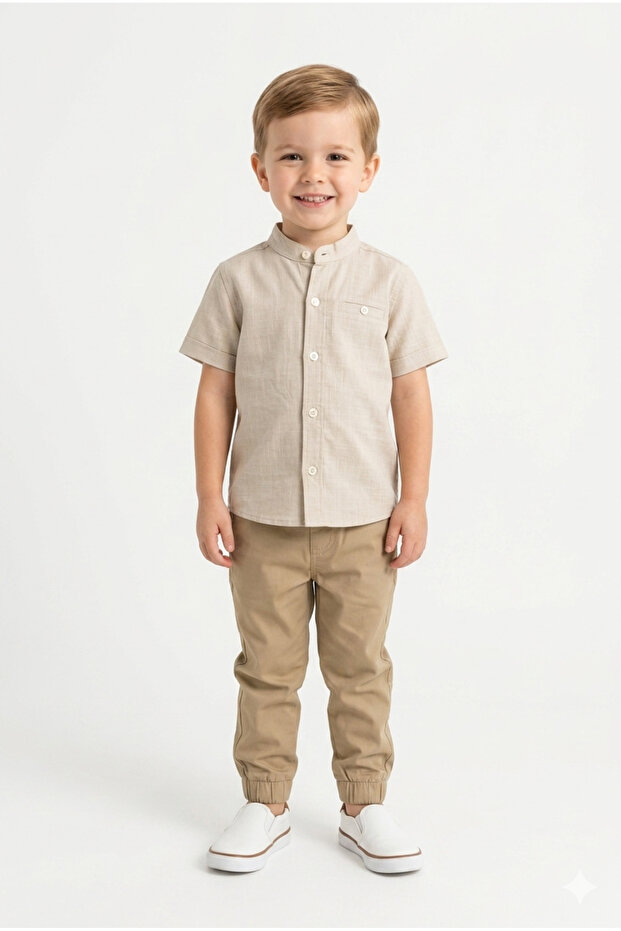 Boy's Beige Hakim Collar Short Sleeve Linen Shirt for Eid
