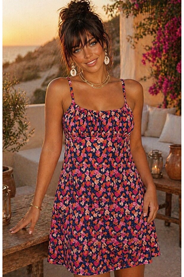 Women Navy Blue-Pink Floral Front Gathered Mini Dress Be398