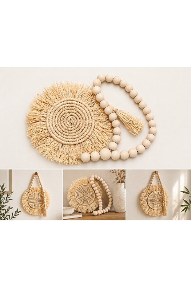 Straw Wall Decor Piece with Wooden Beads Boho Design