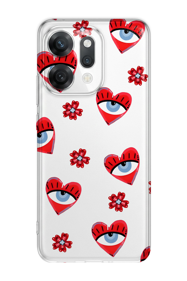 Oppo Reno 14 Compatible Transparent Phone Case with Heart and Evil Eye Pattern