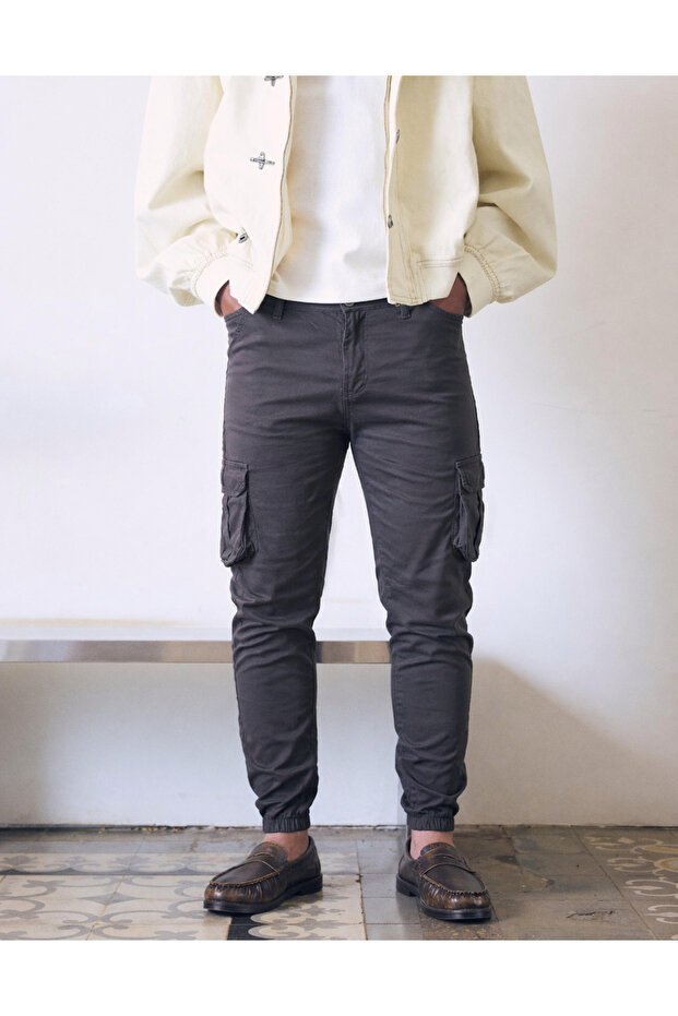 Men's Trend High Waist Slim Fit Cargo Pocket Elastic Anthracite Trousers