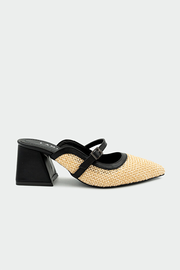 Fely Wicker Detailed Genuine Leather Thick Heeled Women's Black Slippers